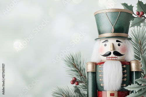 Festive nutcracker soldier with pine and holly decor for holiday season