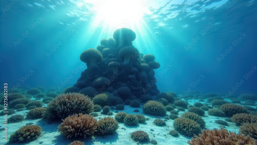 Obraz premium Underwater coral reef ecosystem with fish swimming and sunlight filtering through 