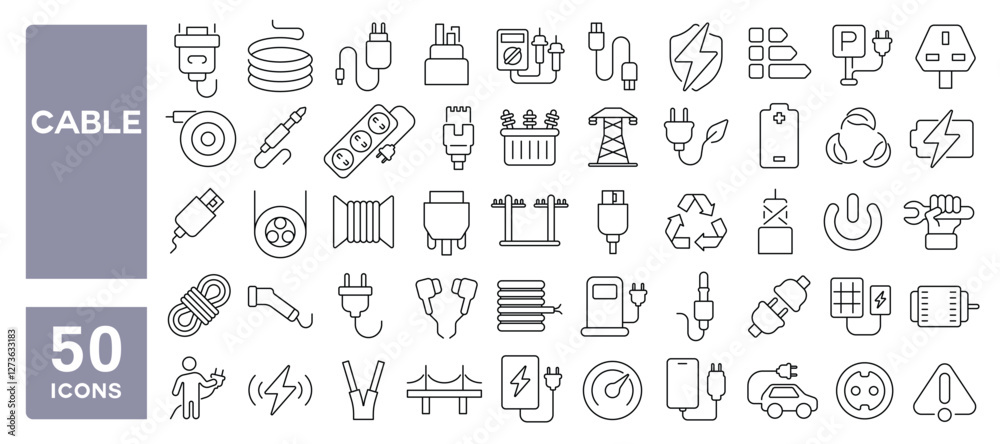 Set of 50 line icons related to cable, optical, fiber, plug, cord, port, electrical, connector, charger, socket, lan, wire, Editable stroke. Vector illustration Set of 50 line icons related to cable, optical, fiber, plug, cord, port, electrical, connector, charger, socket, lan, wire, Editable stroke. Vector illustration