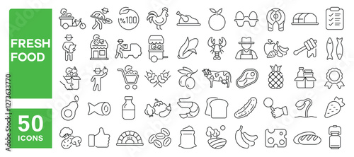 Set of 50 line icons related to fresh food, organic, farmer, superfood, vegetables, fruit, meat, bread, grocery, antioxidant, ecology, Editable stroke. Vector illustration
