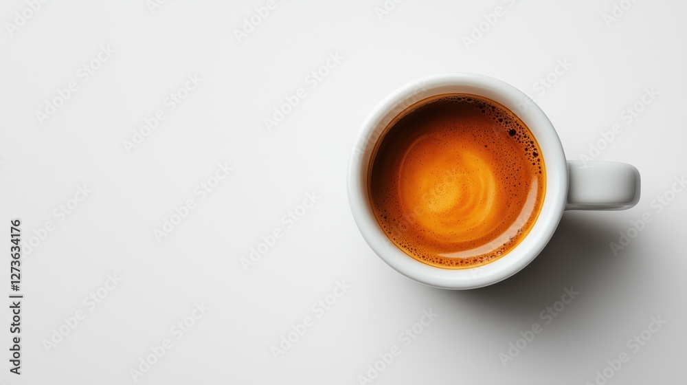Close-up view of a white coffee cup filled with rich espresso on a light surface, creating a minimalist aesthetic Close-up view of a white coffee cup filled with rich espresso on a light surface, creating a minimalist aesthetic