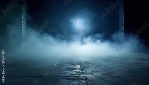 Abstract smoky scene, empty stage, night background use for atmospheric suspenseful cinematic feel