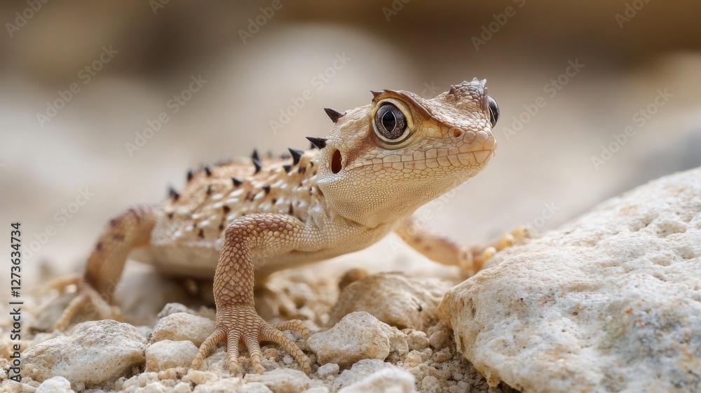 Reptile with dark spots exploring rocky terrain in a natural habitat under bright sunlight during the warm afternoon hours Reptile with dark spots exploring rocky terrain in a natural habitat under bright sunlight during the warm afternoon hours