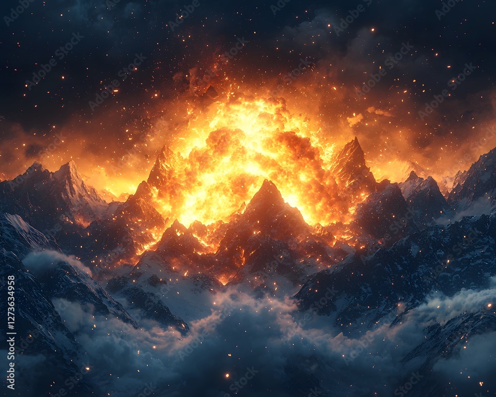 Explosive Mountain Landscape with Glowing Energy and Cascading Debris Explosive Mountain Landscape with Glowing Energy and Cascading Debris
