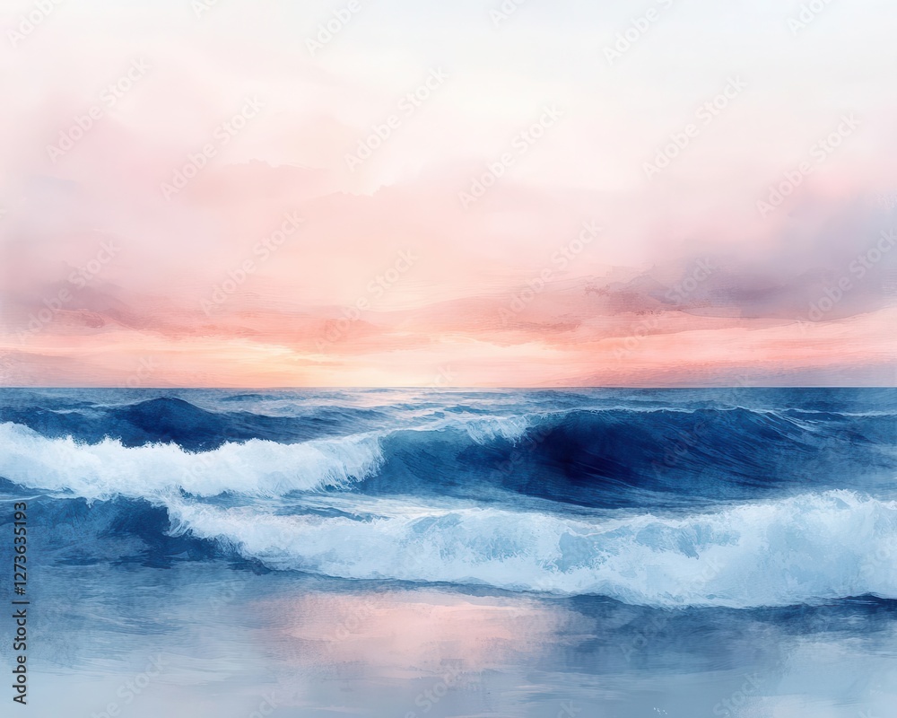 Obraz premium Mindfulness meditation by the ocean, calm waves, pastel sky, peaceful environment, watercolor style