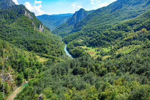 Breathtaking view of a river winding through lush green valleys in a tranquil mountain landscape