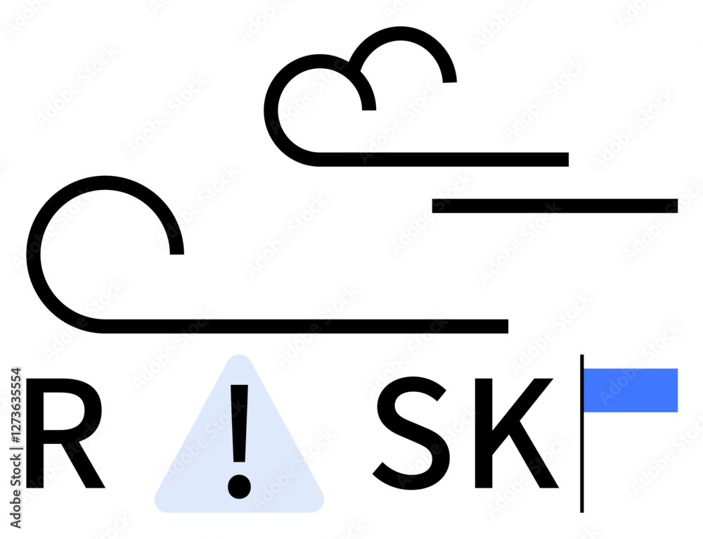 Curved lines as wind, two simple clouds, letters R, SK with exclamation sign in triangle, blue flag. Ideal for weather alerts, risk communication, safety warnings, hazard indicators environmental Curved lines as wind, two simple clouds, letters R, SK with exclamation sign in triangle, blue flag. Ideal for weather alerts, risk communication, safety warnings, hazard indicators environmental