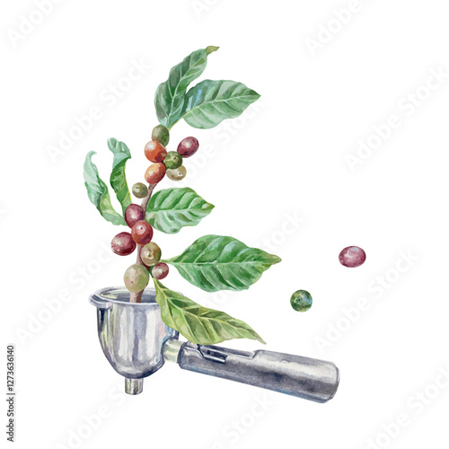Coffee branch with leaves and berries, metal horn, watercolor. Hand drawn vector illustration. For postcards, invitations, large banners of cozy cafes, posters, labels.