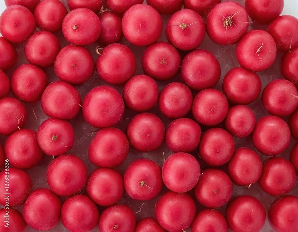 Close-up of vibrant red radishes arranged neatly, showcasing their glossy skin and fresh appearance. Close-up of vibrant red radishes arranged neatly, showcasing their glossy skin and fresh appearance.