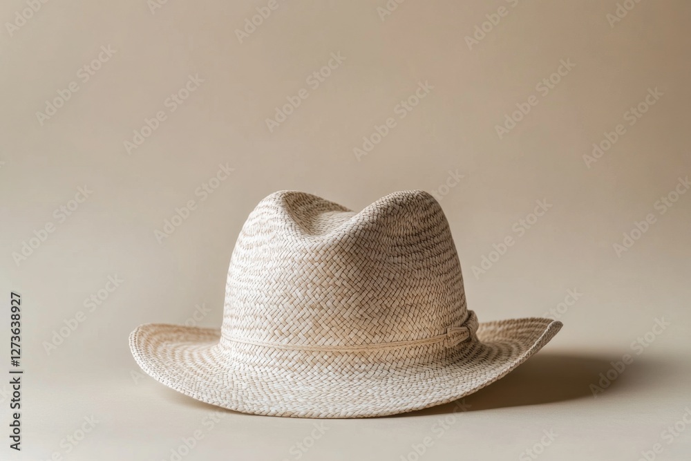 A stylish woven straw fedora hat on beige background A stylish woven straw fedora hat on beige background