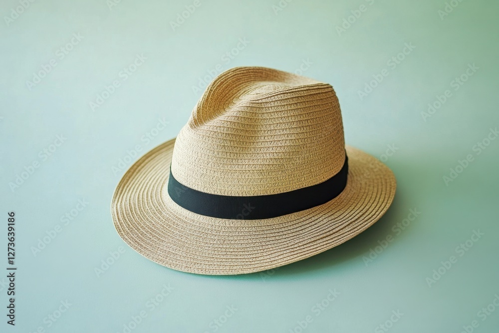 A woven straw fedora hat with a black band A woven straw fedora hat with a black band