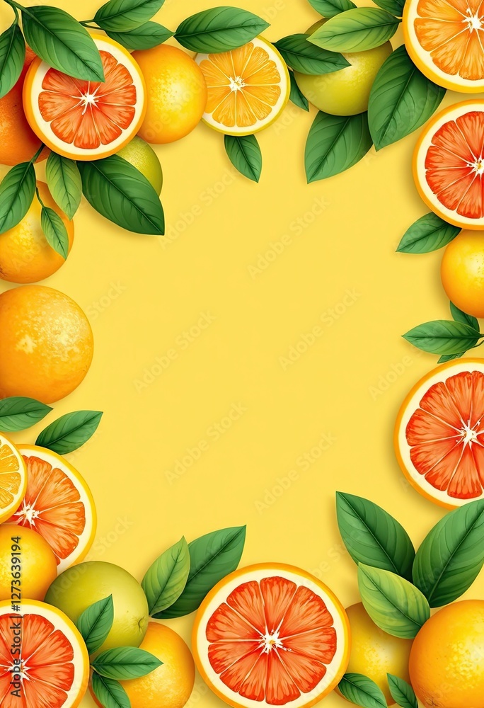 Vibrant Citrus Fruits Frame Yellow Background Vibrant Citrus Fruits Frame Yellow Background