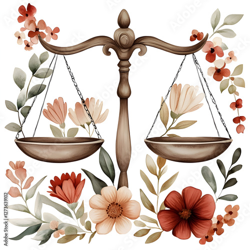 Fototapeta Naklejka Na Ścianę i Meble -  watercolor balance scale adorned with vibrant floral accents, symbolizing harmony and beauty