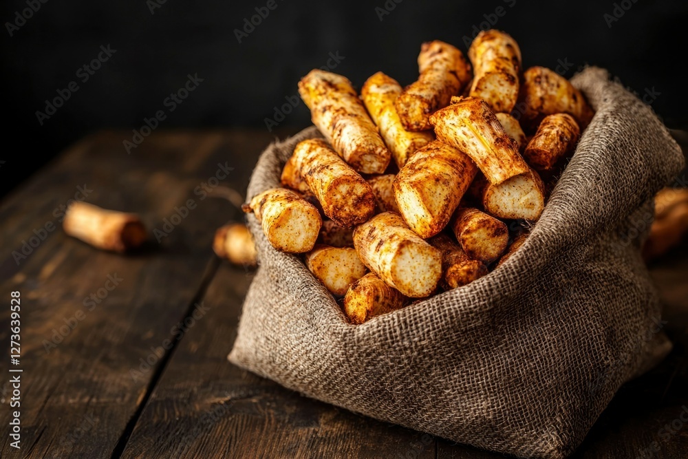 Obraz premium Jerusalem artichokes in burlap sack on wooden table for healthy recipes and cuisine