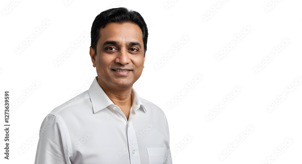 Professional studio portrait of a smiling businessman in a formal shirt, standing against a clean white background Professional studio portrait of a smiling businessman in a formal shirt, standing against a clean white background