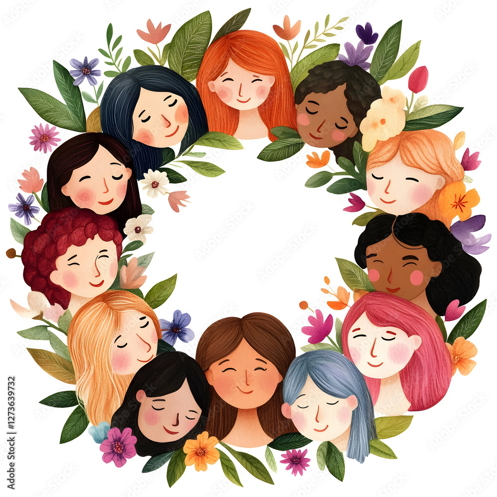 watercolor wreath of diverse women faces surrounded by colorful flowers and leaves, expressing unity and joy watercolor wreath of diverse women faces surrounded by colorful flowers and leaves, expressing unity and joy