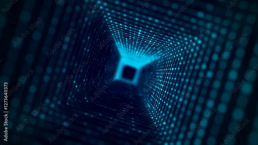 Obraz premium Cyber square tunnel consisting of moving glowing points. Futuristic infinite space background. Concept of data transfer in cyberspace. Hi-tech illustration. 3d rendering