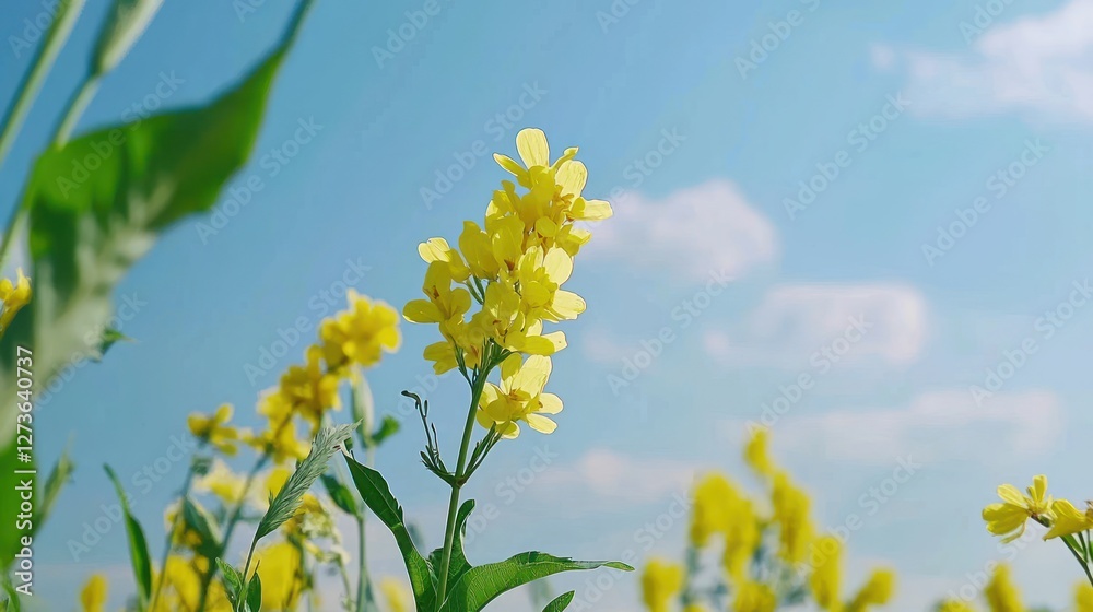 Bright yellow flowers against a blue sky with fluffy clouds. Bright yellow flowers against a blue sky with fluffy clouds.