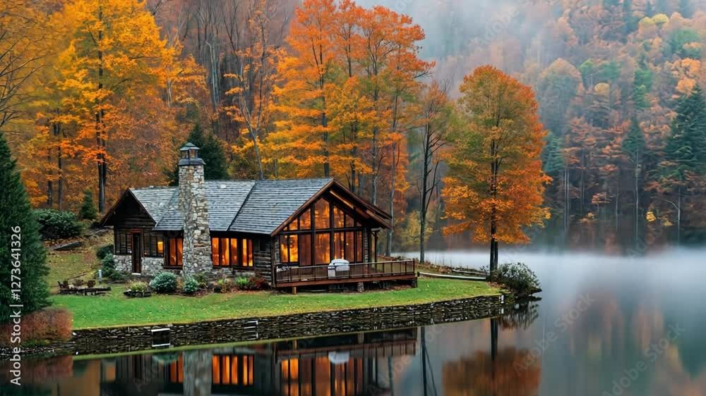 Cozy Lakeside Cabin in Autumn's Embrace: A charming cabin nestled beside a tranquil lake, surrounded by a vibrant tapestry of autumnal foliage, the warm glow of its lights inviting and serene. Cozy Lakeside Cabin in Autumn's Embrace: A charming cabin nestled beside a tranquil lake, surrounded by a vibrant tapestry of autumnal foliage, the warm glow of its lights inviting and serene.