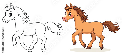 A horse is running Isolated Line Art Vector Outline Illustration Black and White with Coloring Sample
