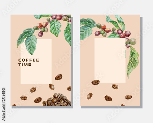 Coffee branch with leaves and berries, roasted brown beans, template for text. Hand drawn vector illustration. For postcards, invitations, posters for cozy cafes, large banners.