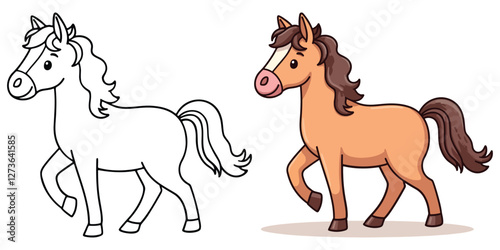 A horse is walking Isolated Line Art Vector Outline Illustration Black and White with Coloring Sample