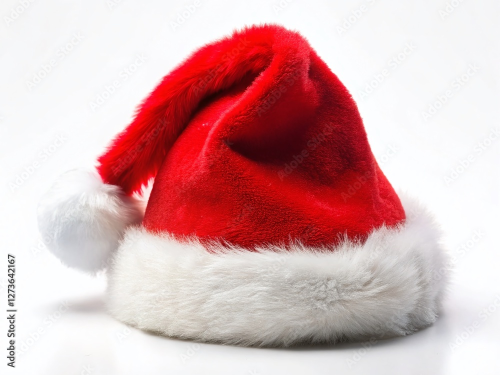 Festive Red Santa Hat with White Fur Trim - Isolated on White Background - Stock Photo Festive Red Santa Hat with White Fur Trim - Isolated on White Background - Stock Photo