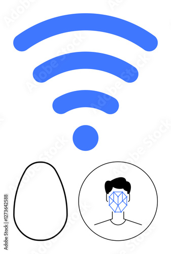 wireless icon, biometric face recognition grid on a human face, and an abstract shape. Ideal for tech, AI, internet connections, biometrics, security, futuristic concepts abstract line flat metaphor