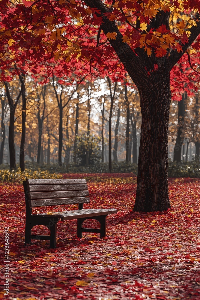 Autumn Park Bench Underneath Red Maple Tree Autumn Park Bench Underneath Red Maple Tree