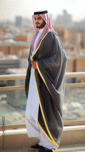 TALL SAUDI YOUNG MAN WEARING THOBE  AND BISHT
