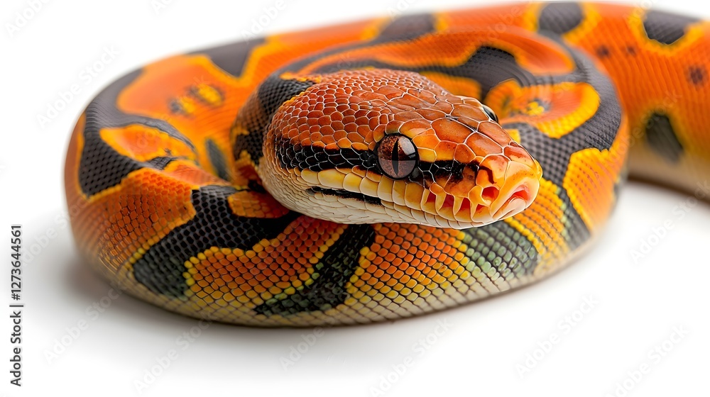 Fototapeta premium Coiled ball python with intricate patterned scales resting in a relaxed pose on a clean white background The snake s elegant spiral like body and its detailed