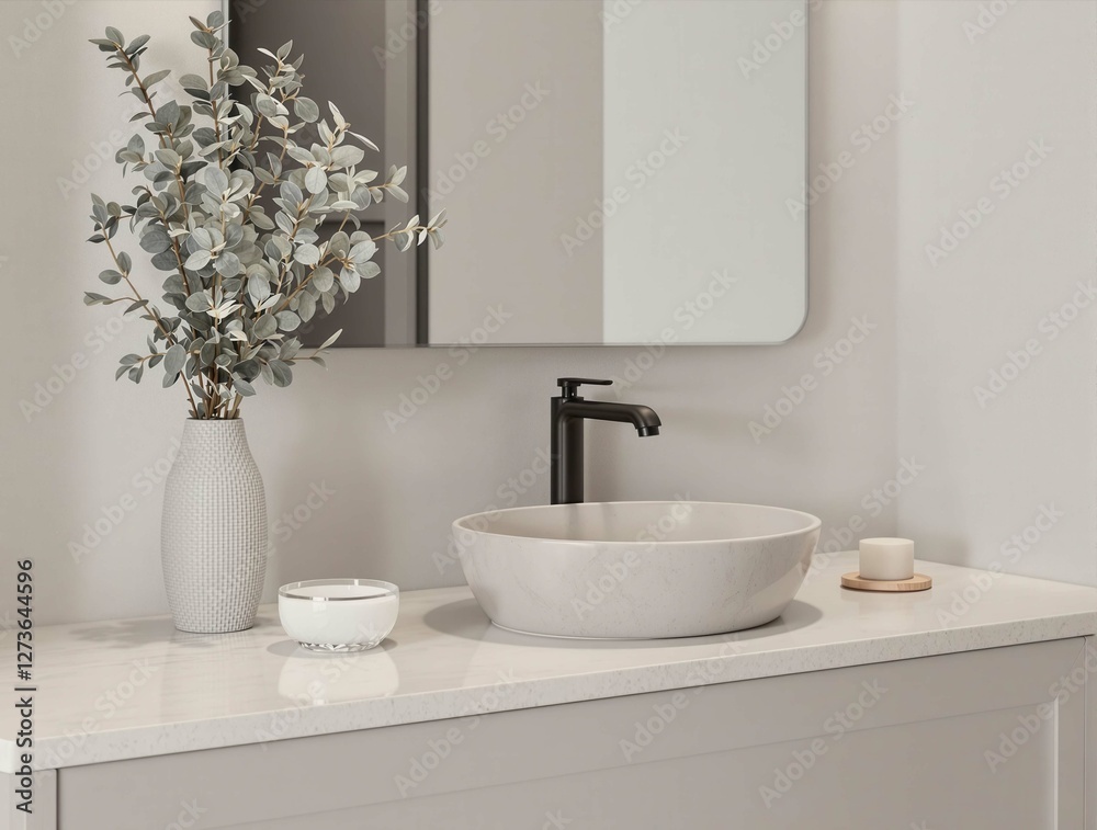 Fototapeta premium A white sink with a black faucet and a white bowl