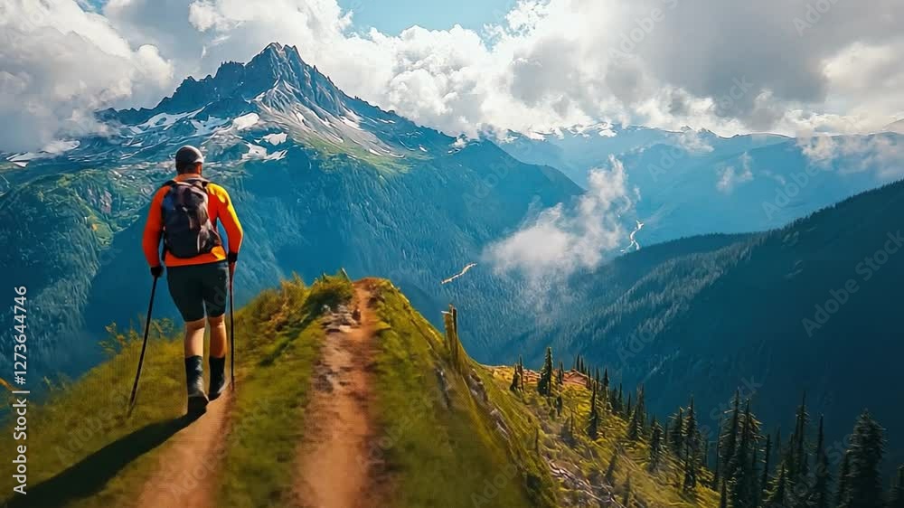 Journey to the Peaks: A lone hiker ascends a winding trail toward majestic mountain peaks, capturing the spirit of adventure and the raw beauty of the alpine landscape. Journey to the Peaks: A lone hiker ascends a winding trail toward majestic mountain peaks, capturing the spirit of adventure and the raw beauty of the alpine landscape.
