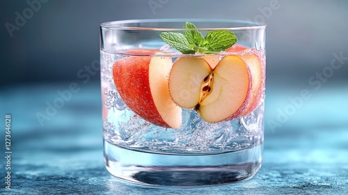 Refreshing Apple Slices in Iced Water Drink, Studio Shot photo