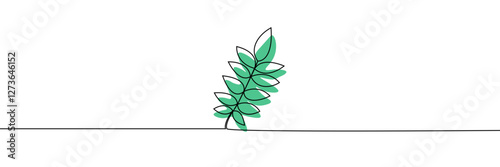 A simple continuous line drawing of a rowan leaf branch with soft green accents, representing nature, growth, and modern botanical aesthetics. Vector illustration