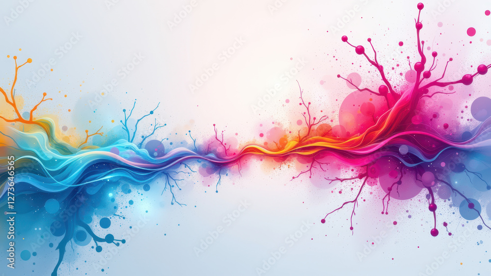 Fototapeta premium Vibrant abstract illustration for brain science or neurostimulation, featuring colorful splashes and neural-like patterns.