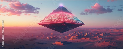 A floating pyramid with neon etchings pulsating above an ancient desert city