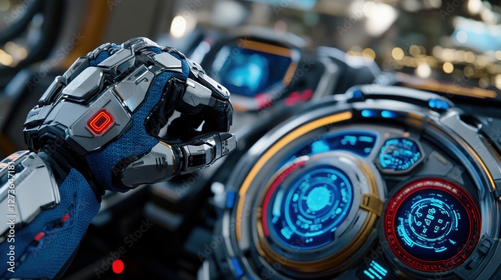 Fototapeta premium Advanced Cybernetic Robotic Hand Operating a Futuristic Touchscreen
