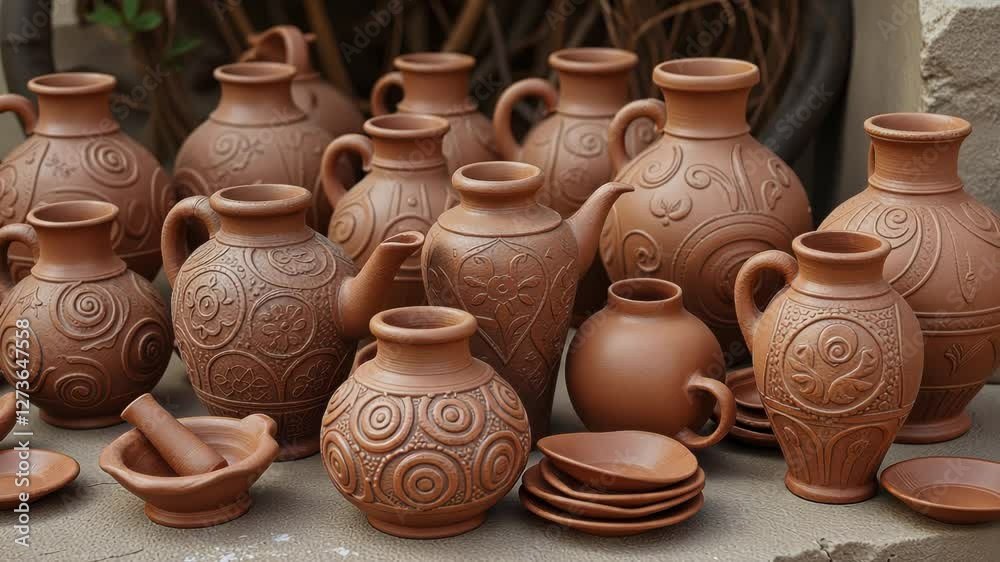 Close-up of intricately designed ceramic pieces including teapots and plates set on a wooden surface creating an elegant and sophisticated display Close-up of intricately designed ceramic pieces including teapots and plates set on a wooden surface creating an elegant and sophisticated display