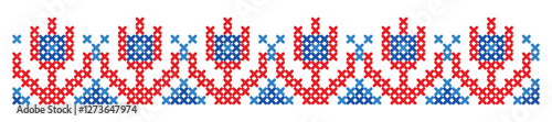 Traditional Cross Stitch Pattern in Red and Blue with Tulip Motif