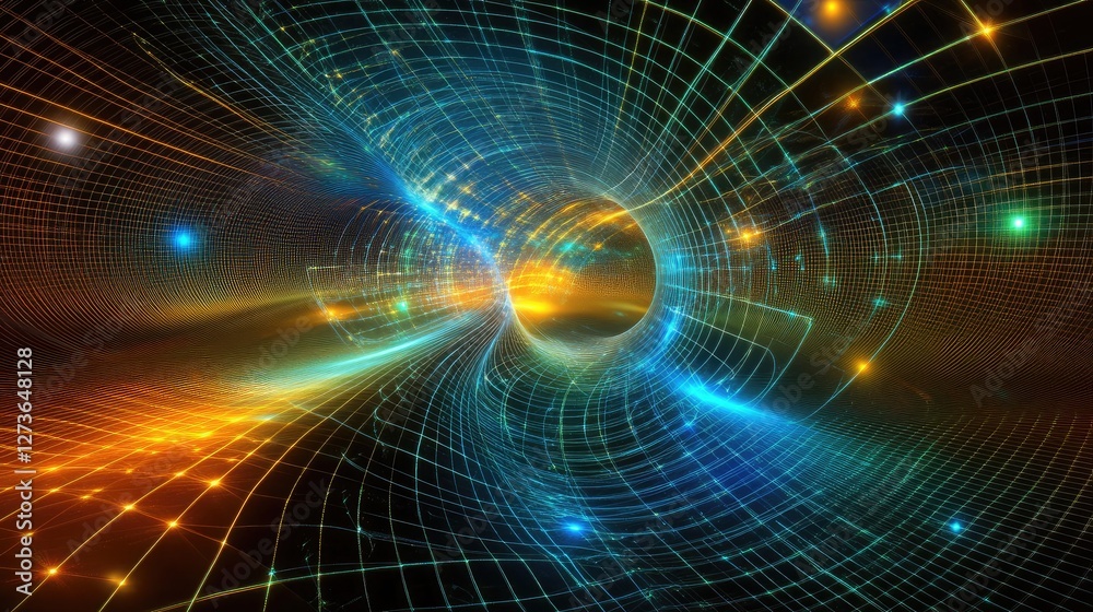 Abstract D rendering of a quantum field theory diagram with particles interacting and exchanging energy.