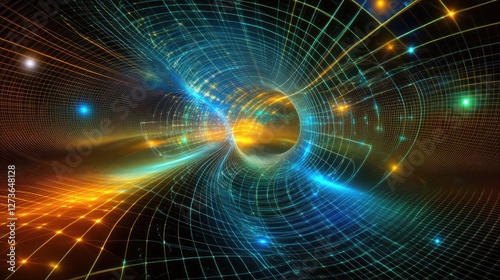 Obraz na płótnie Abstract D rendering of a quantum field theory diagram with particles interacting and exchanging energy. w salonie