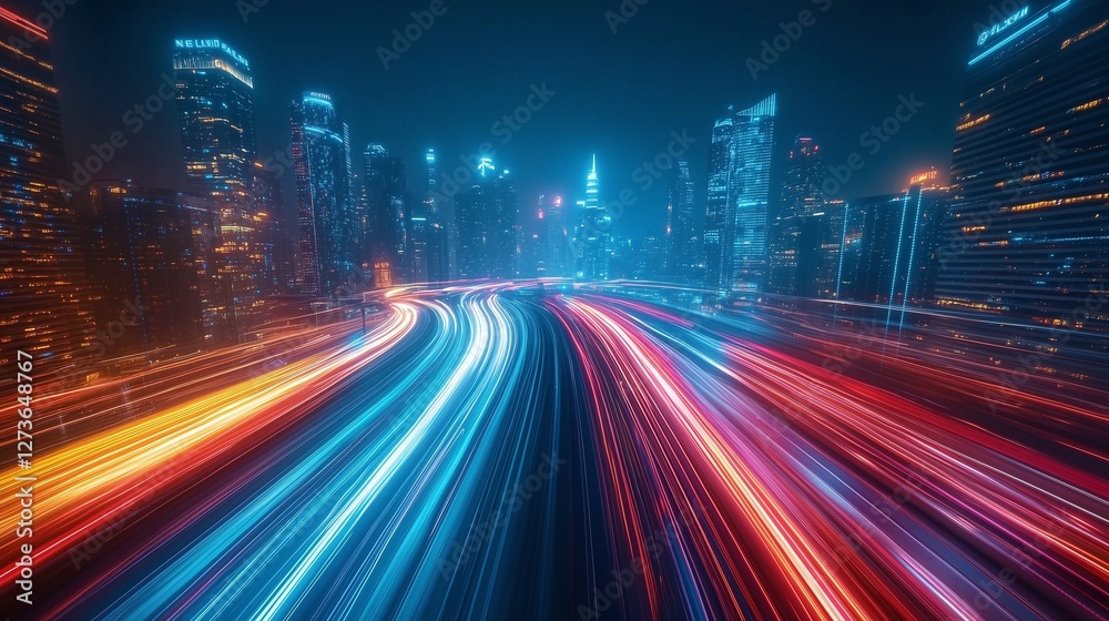 Nighttime City Traffic with Speeding Cars and Bright Lights Nighttime City Traffic with Speeding Cars and Bright Lights