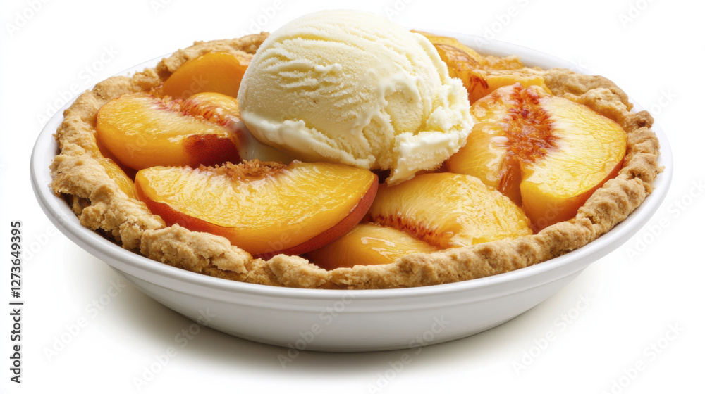 Delicious peach pie topped with creamy vanilla ice cream, perfect for dessert Delicious peach pie topped with creamy vanilla ice cream, perfect for dessert