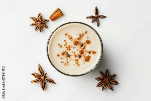 Glass of Bangladeshi Borhani, traditional spiced yogurt drink, white background, festive celebrations photo