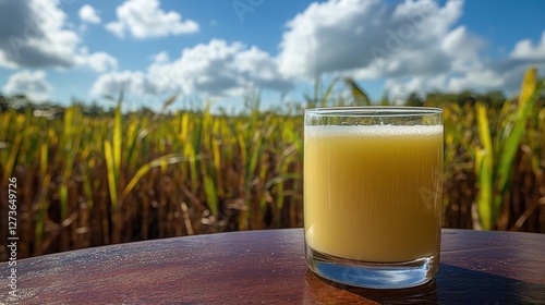 Refreshing juice in a glass, cornfield backdrop, sunny day, outdoor table photo