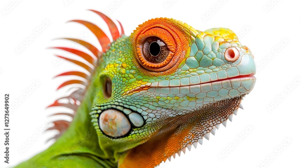 Fototapeta premium Vibrant Green Iguana with Detailed Scales and Spikes Captured in Closeup Portrait Against Clean White Background Exotic Reptile Wildlife and Nature Concept