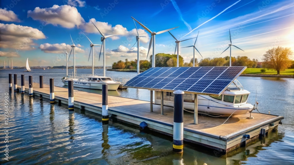 Obraz premium Sustainable Harbor Eco-Friendly Boats and Renewable Energy Sources in a Serene Waterfront Setting