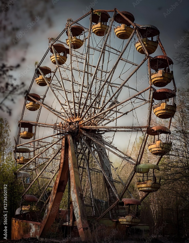 Detailed view of a weathered abandoned Ferris wheel car, surrounded by shadows and decay. AI Generated Detailed view of a weathered abandoned Ferris wheel car, surrounded by shadows and decay. AI Generated