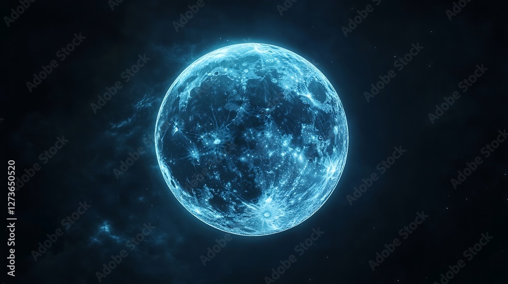 Obraz premium Glowing Blue Planet in Dark Space with Nebula and Starlight